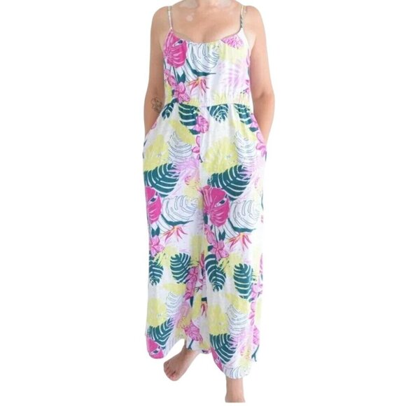 Nicole Miller Tropical Palm Leaf Linen Blend Wide Leg Jumpsuit Pockets Size L - Picture 3 of 7